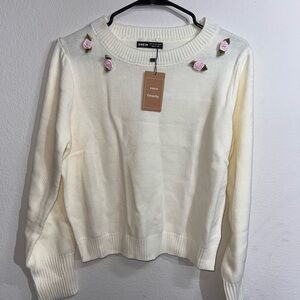 NWT Women’s SHEIN Frenchy Ivory Sweater W/ Flowers Size Large Crew Neck Soft